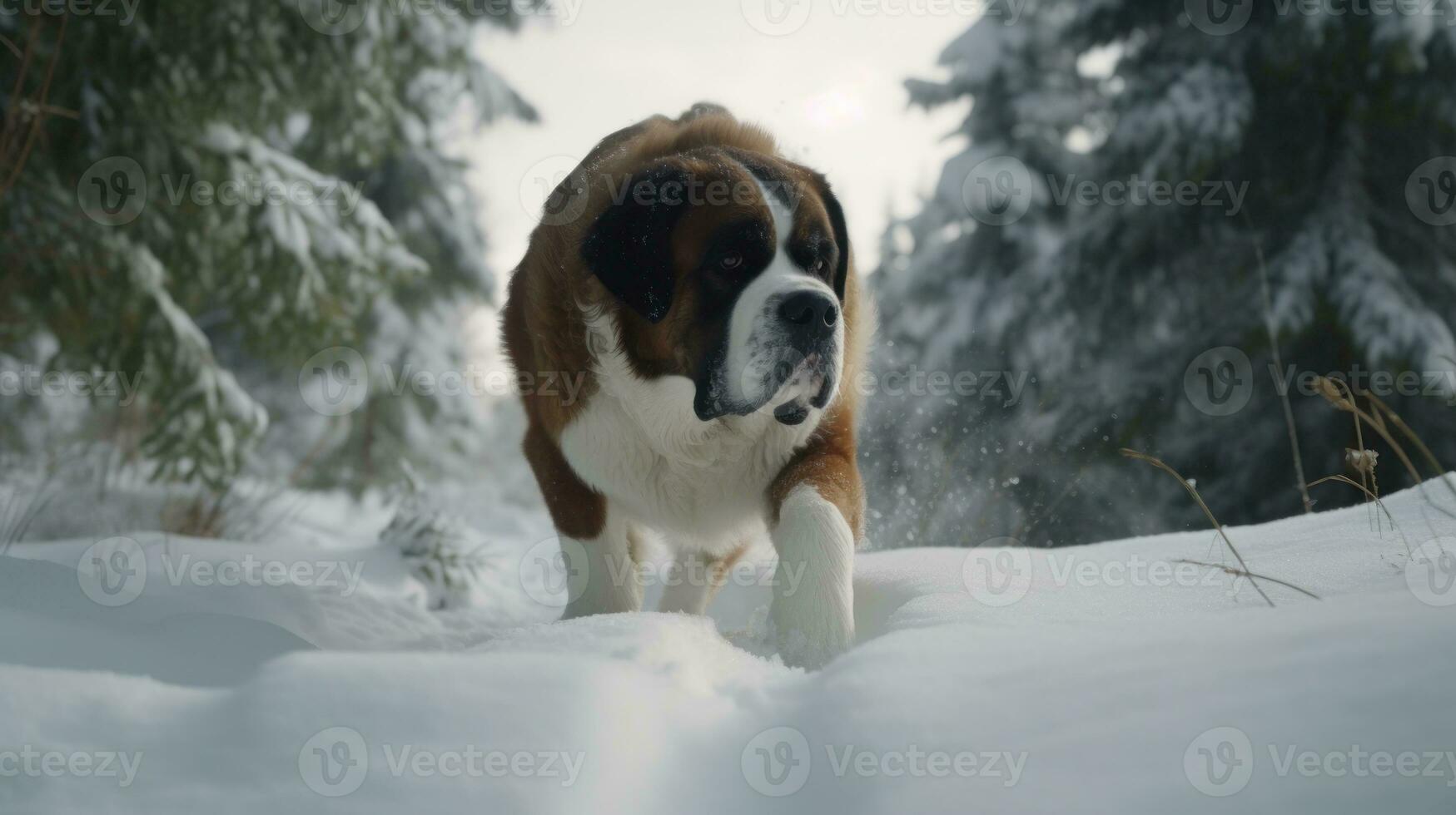 A Saint Bernard dog tracking through the snow in search of a scent photo