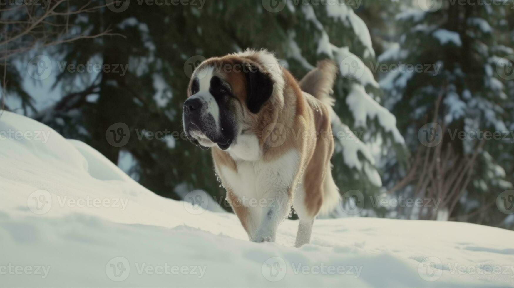 A Saint Bernard dog tracking through the snow in search of a scent photo