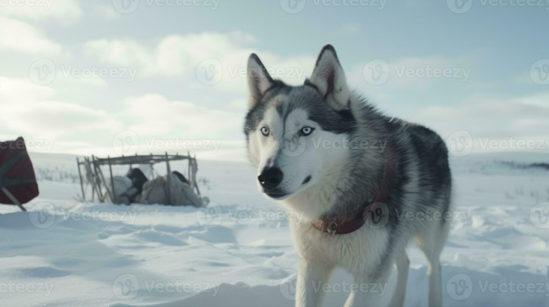A Siberian Husky pulling a sled through the snowy tundra photo