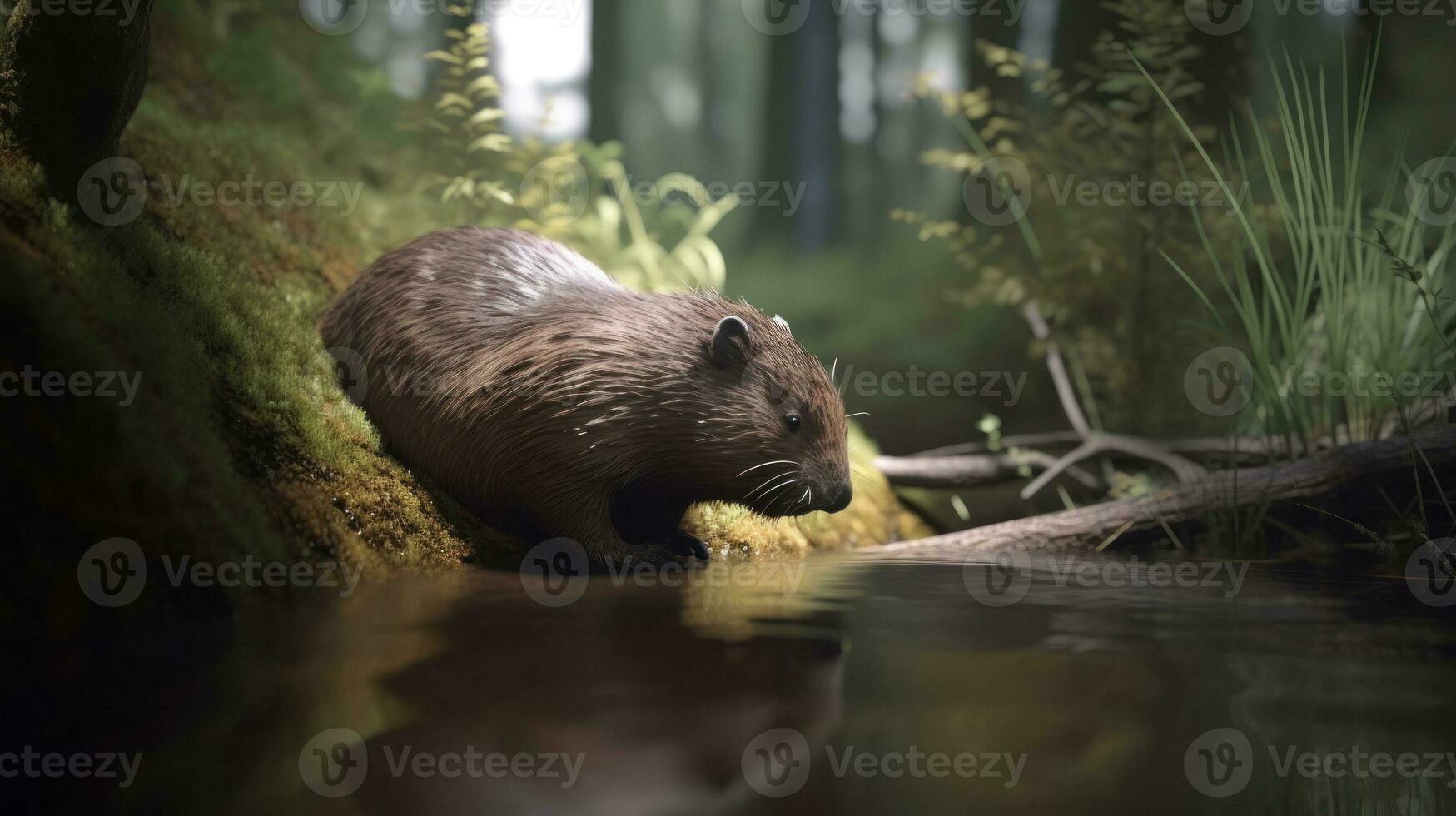 un castor construyendo un represa en un bosque corriente foto