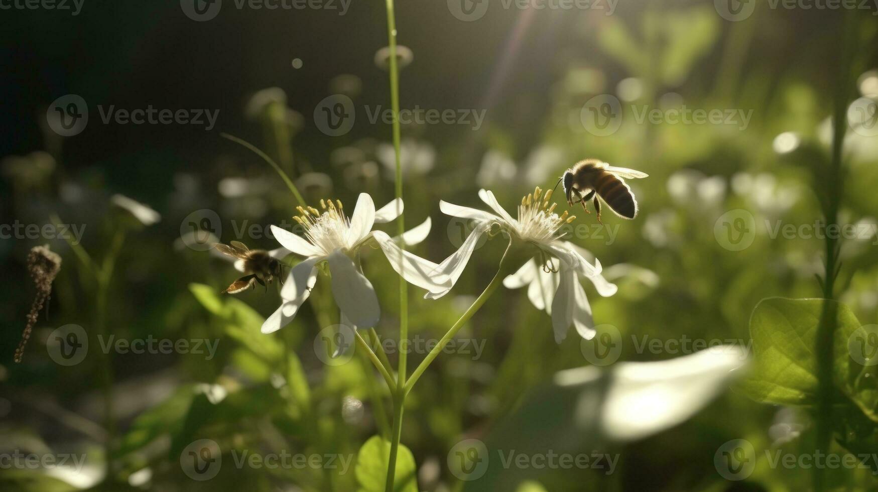 un abeja polinizando flores en un soleado bosque claro foto