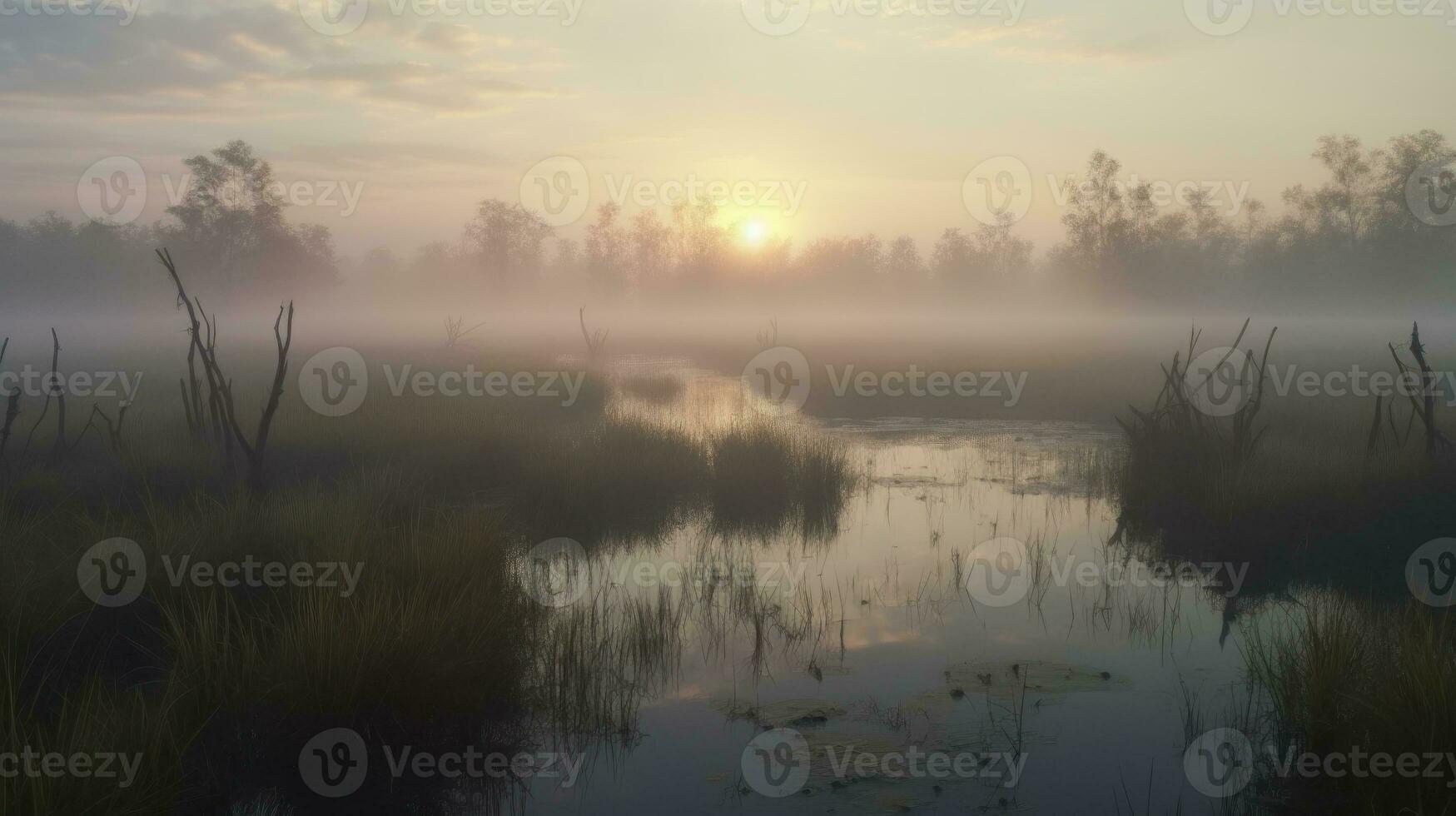 A dense fog settling over a swamp at dawn photo