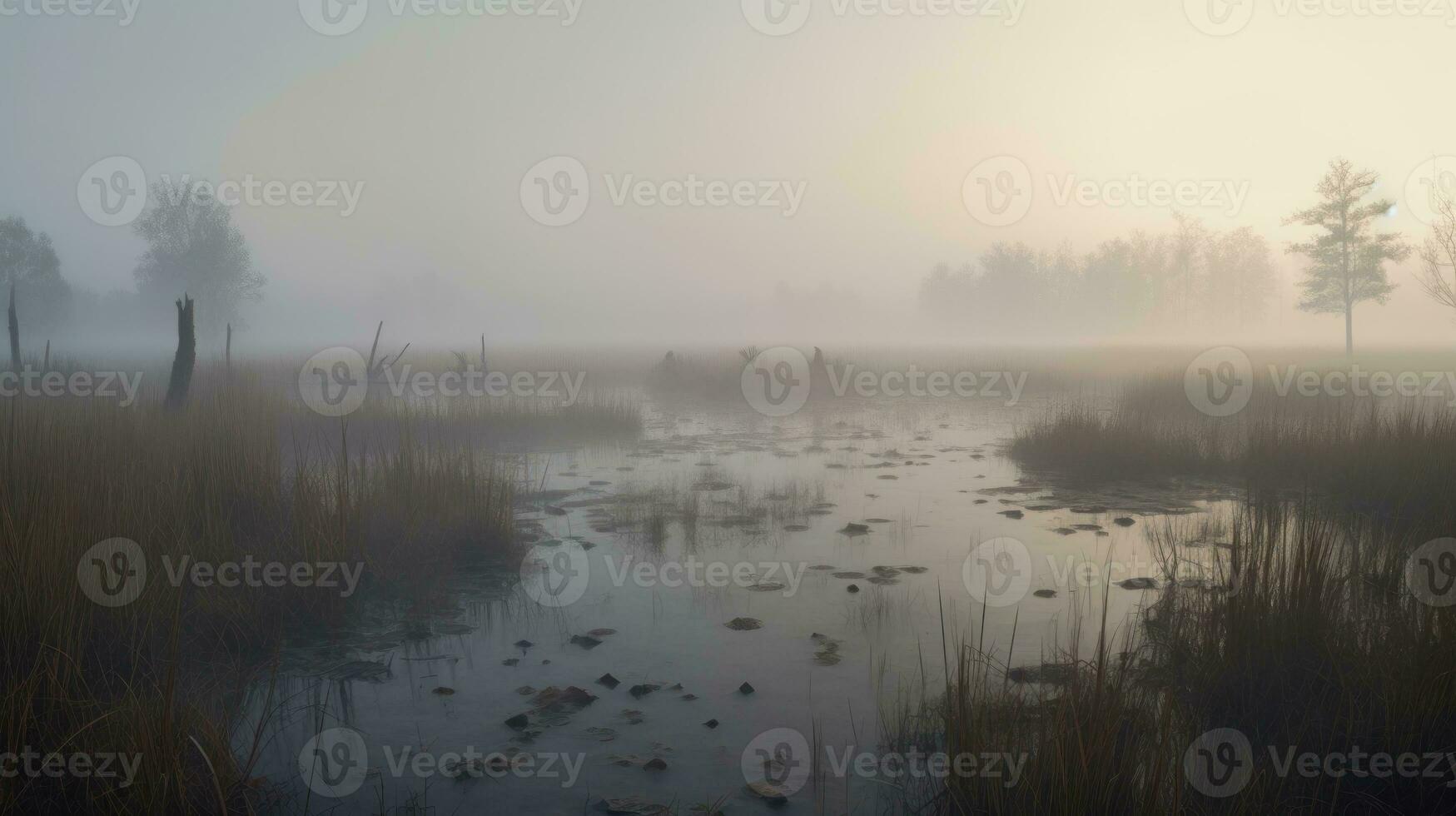A dense fog settling over a swamp at dawn photo