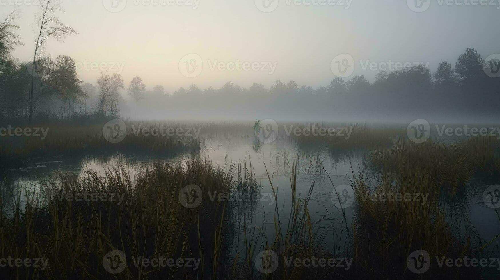 A dense fog settling over a swamp at dawn photo