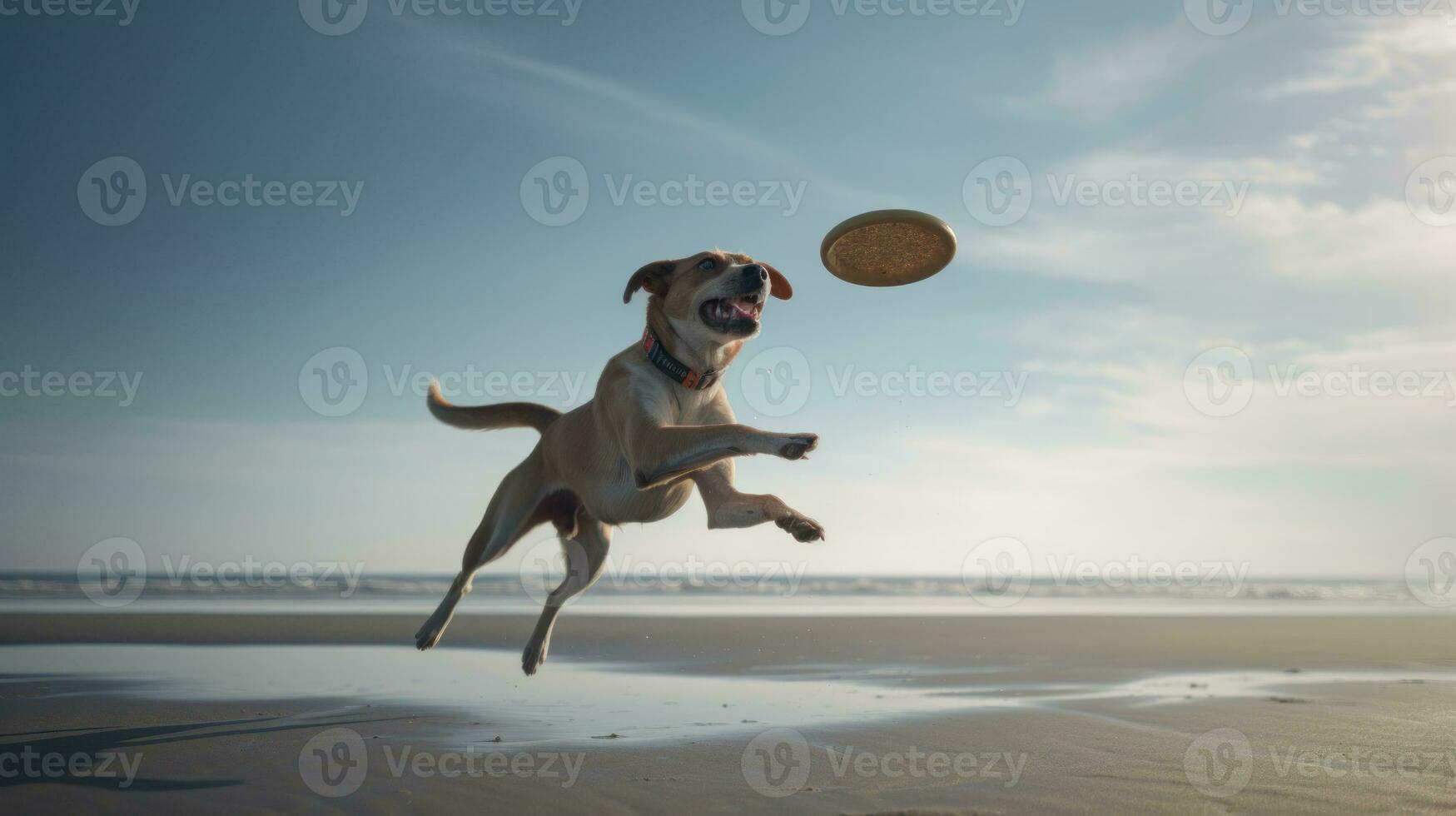 A dog catching a frisbee in mid-air at the beach photo