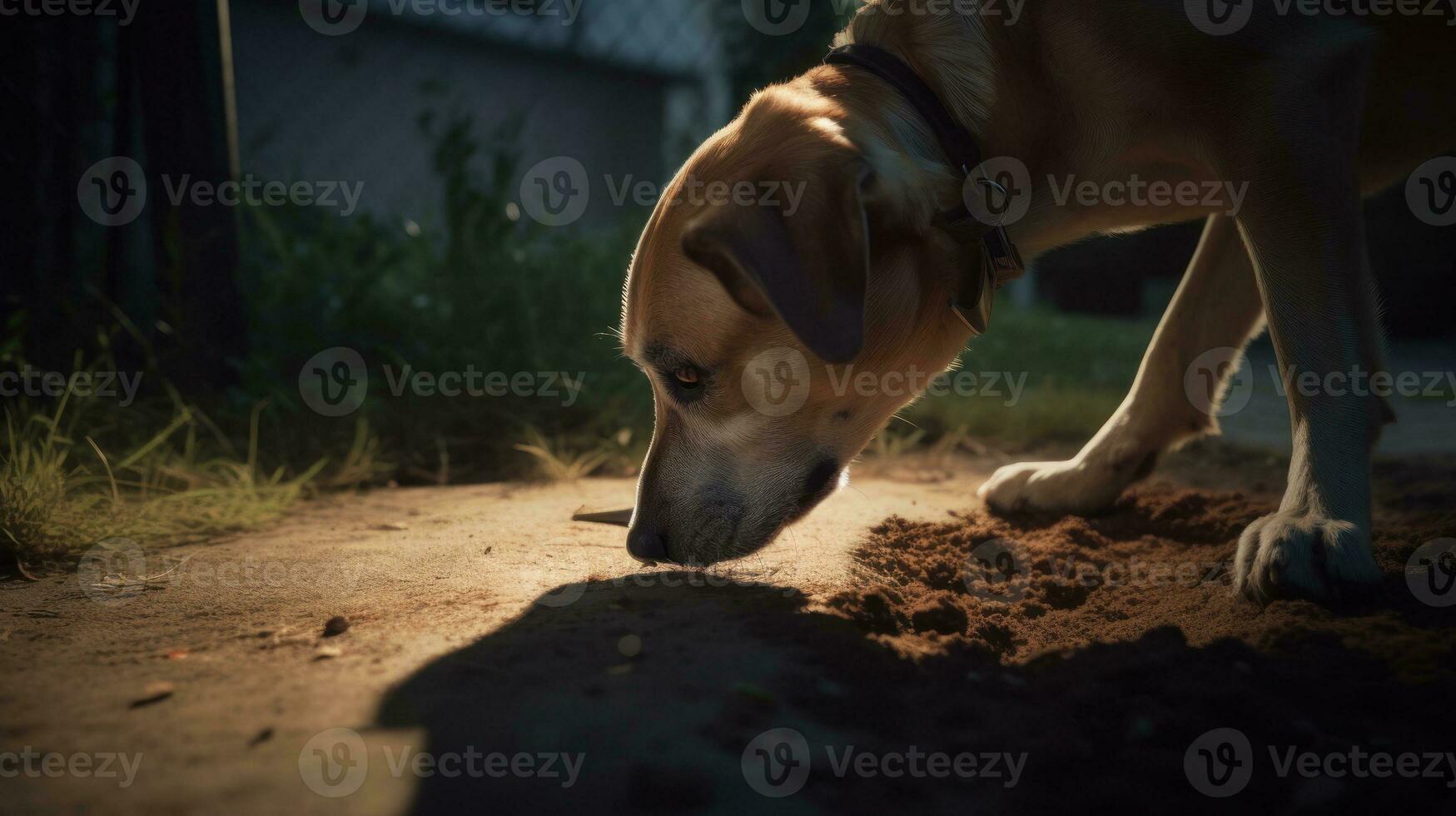 A dog burying a bone in the backyard photo