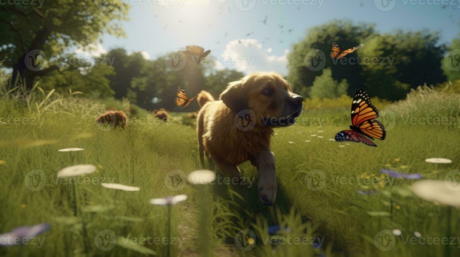 A dog excitedly chasing butterflies in a sunny meadow photo