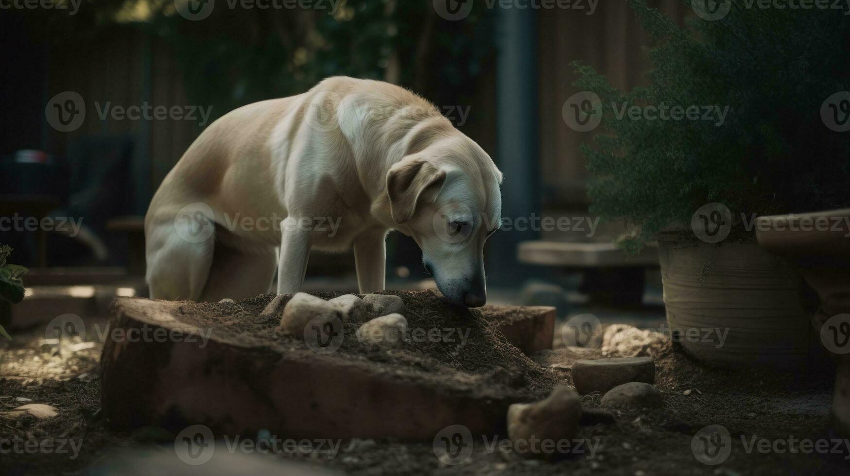 A dog burying a bone in the backyard photo