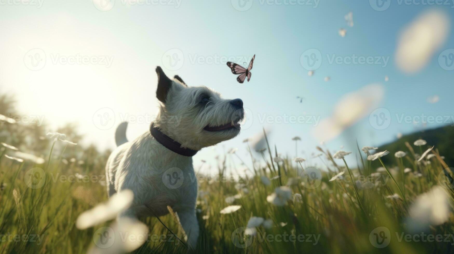 A dog excitedly chasing butterflies in a sunny meadow photo