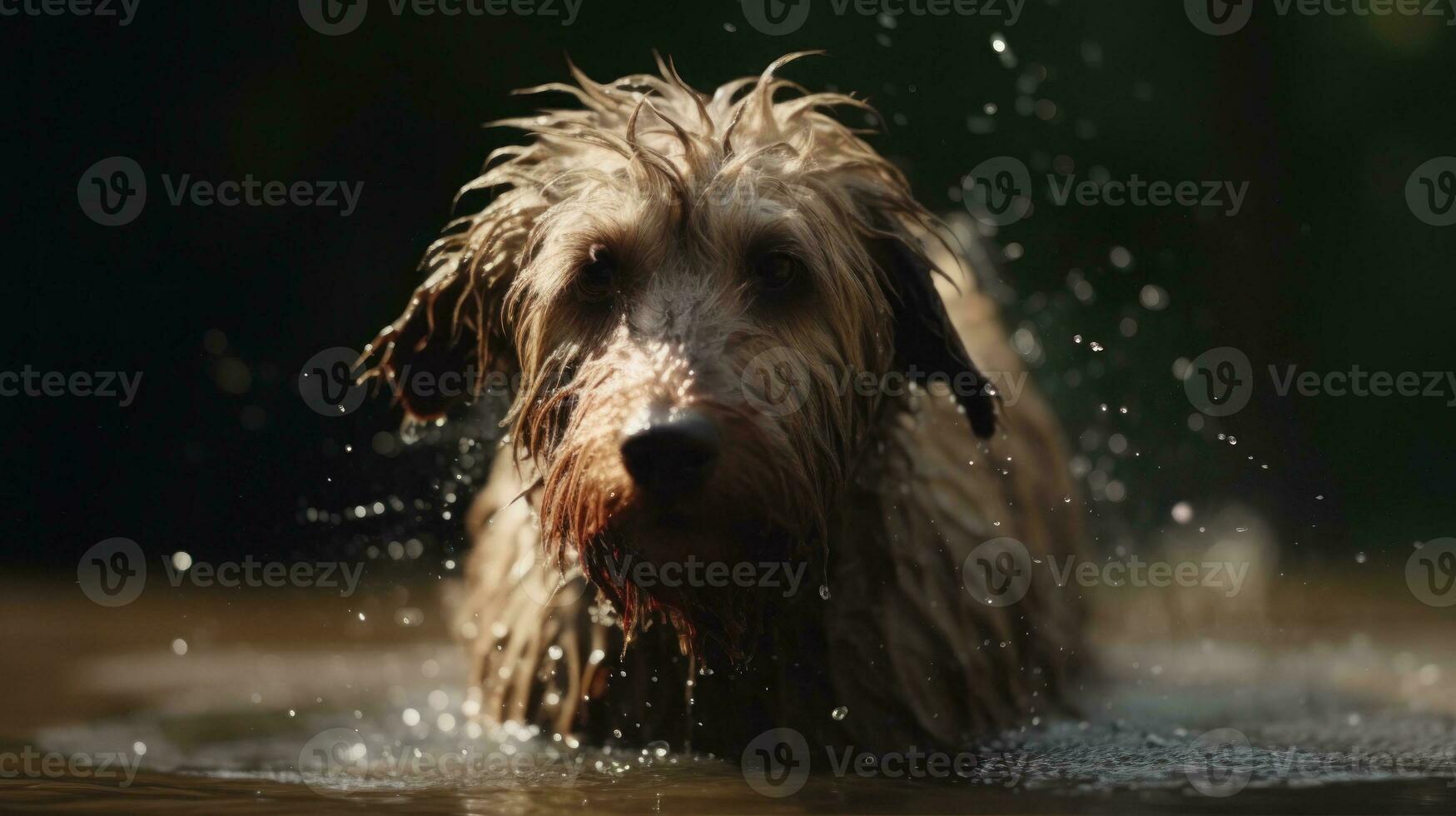 A dog shaking water off its fur after a swim photo