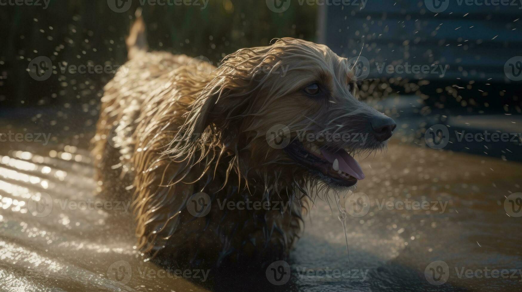 A dog shaking water off its fur after a swim photo