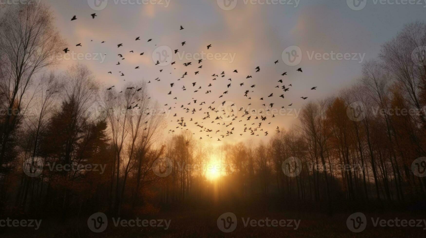 A flock of birds migrating back to the forest after winter photo