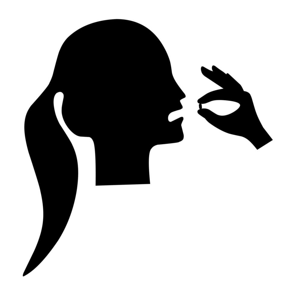 Vector illustration of woman taking medicine pills. Head with open mouth and hand holding pills. Isolated on a white background.