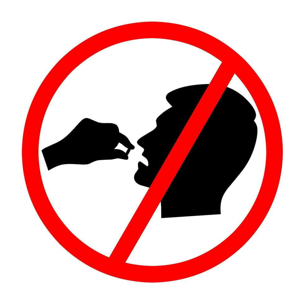 Sign forbidding man taking medicinal pills. Head with open mouth and hand holding pills. Red circle. Isolated on a white background. vector