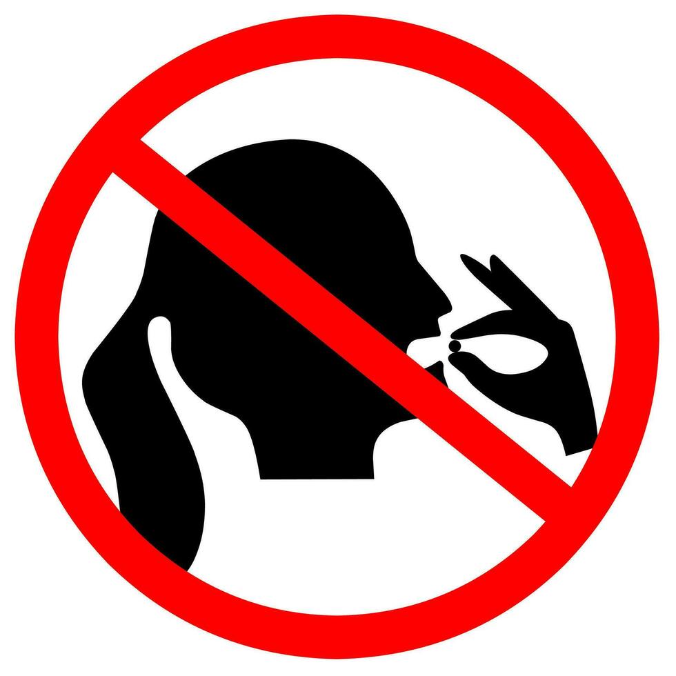 Sign forbidding woman taking medicinal pills. Head with open mouth and hand holding pills. Red circle. Isolated on a white background. vector