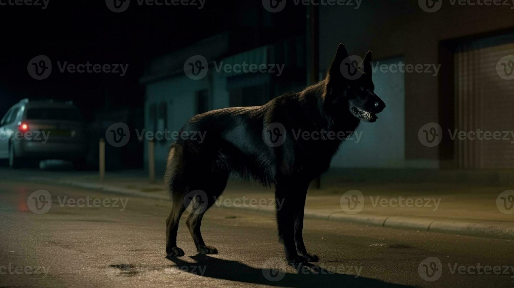 A guard dog patrolling its territory at night photo