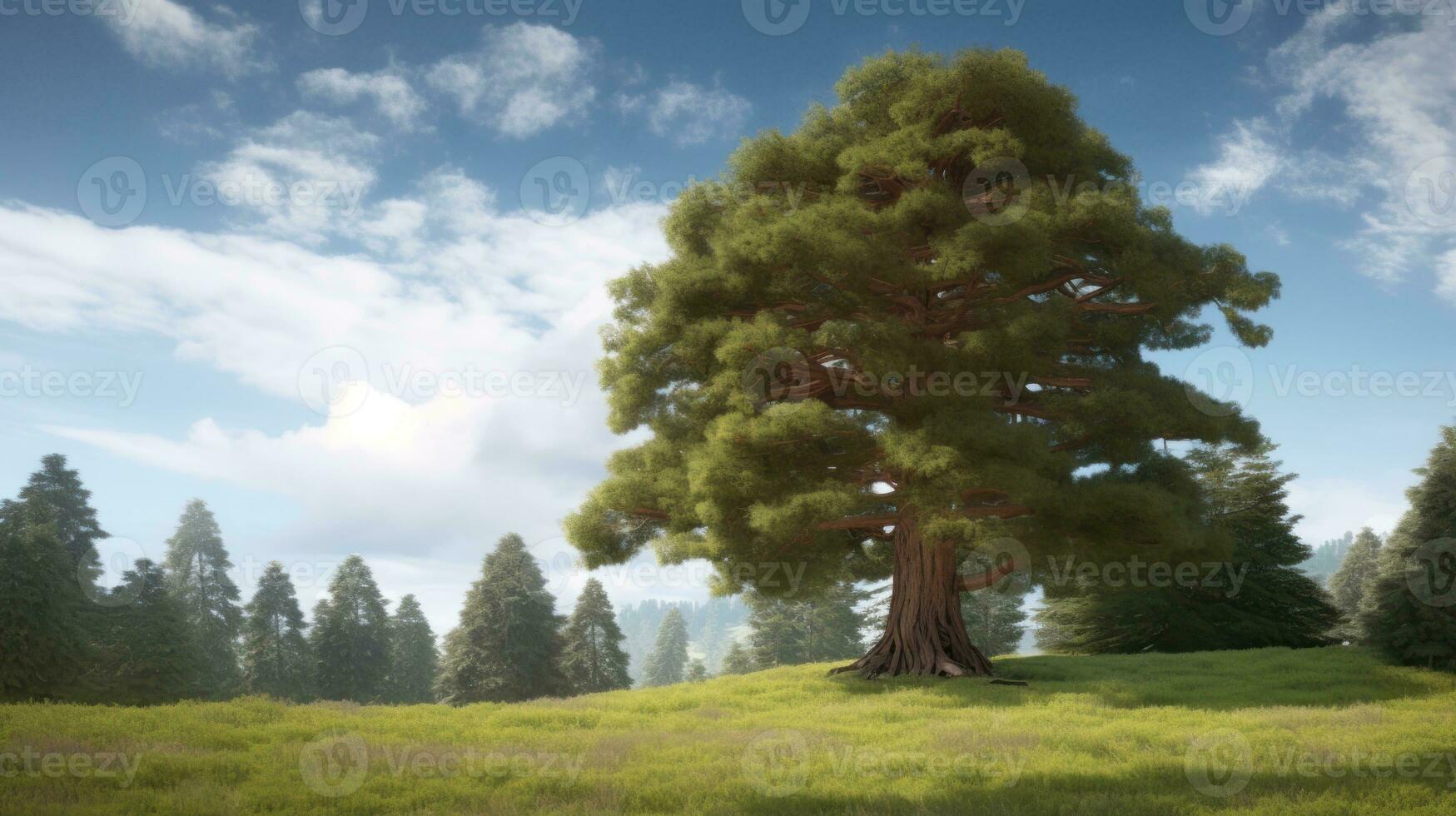 A giant sequoia growing alone in a clearing photo