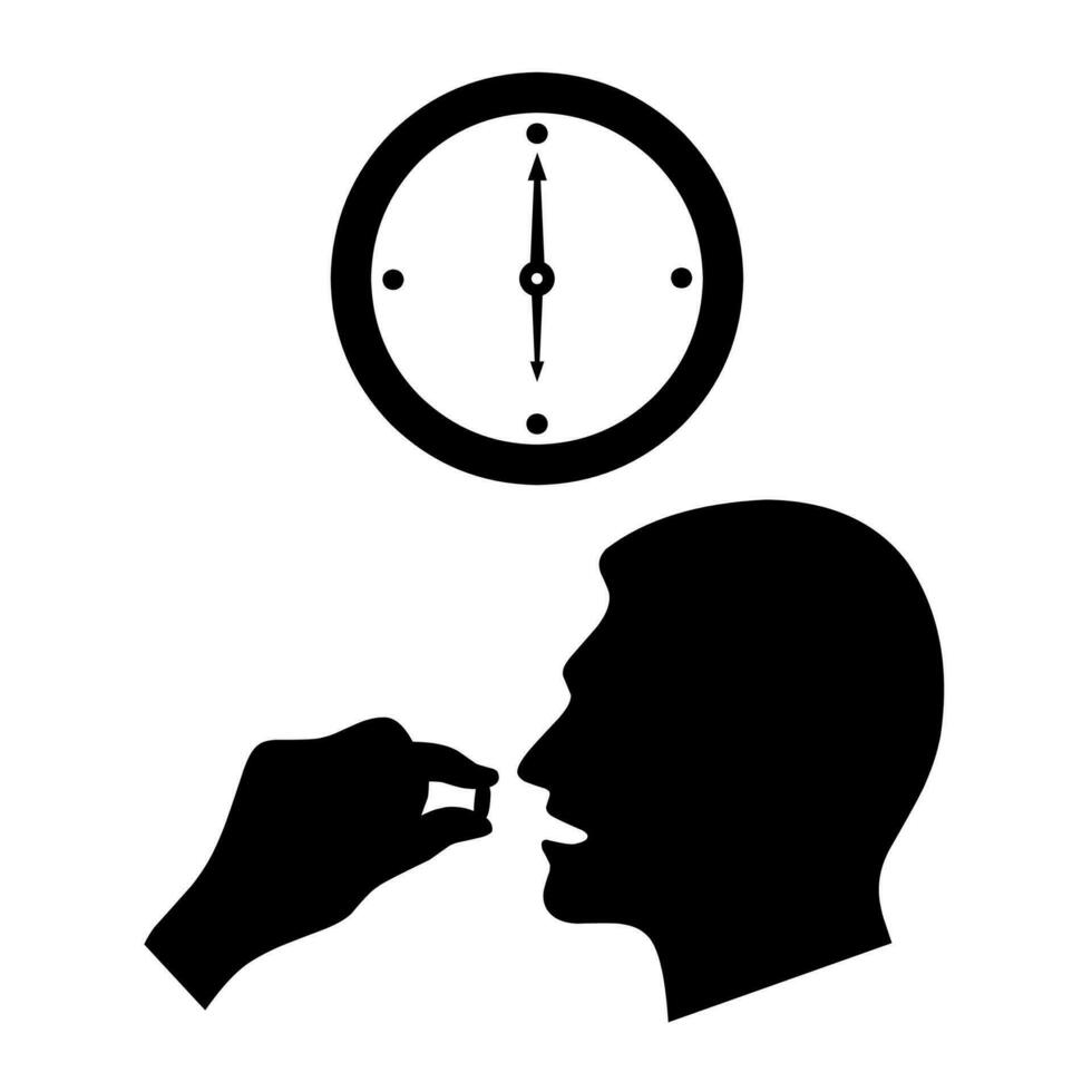 Take the medicinal pill icon. Head with mouth open and hands holding circular pills. Isolated on a white background. Vector illustration