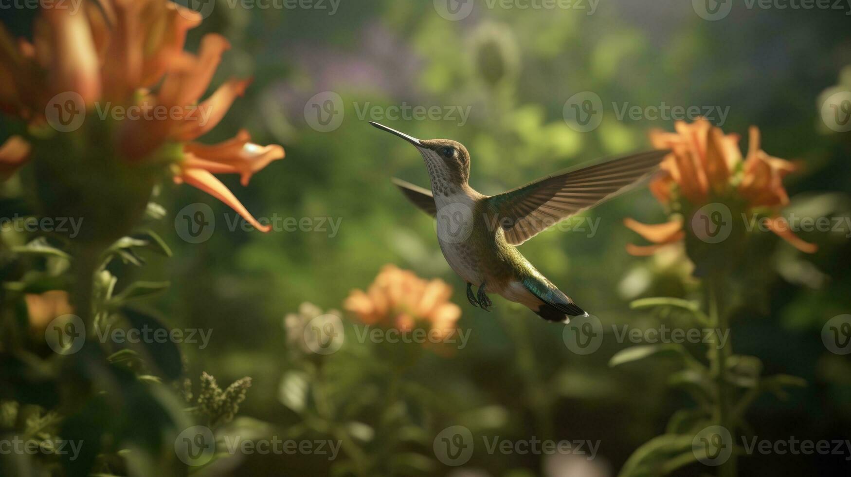 A hummingbirds frenzied flight amongst the flowers photo