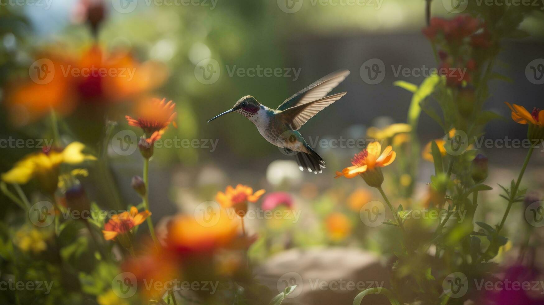 A hummingbirds frenzied flight amongst the flowers photo