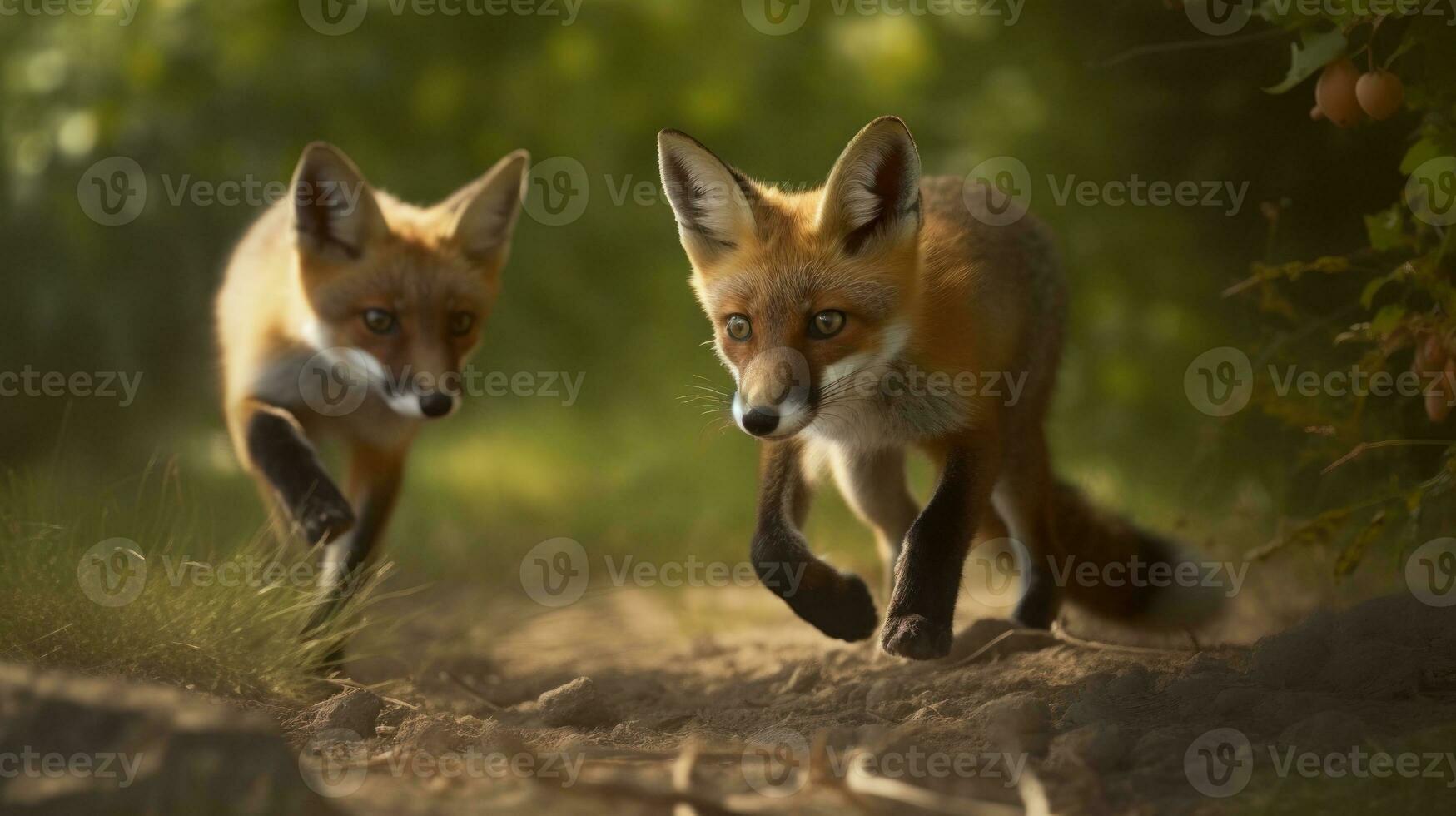 A playful chase between two fox cubs photo