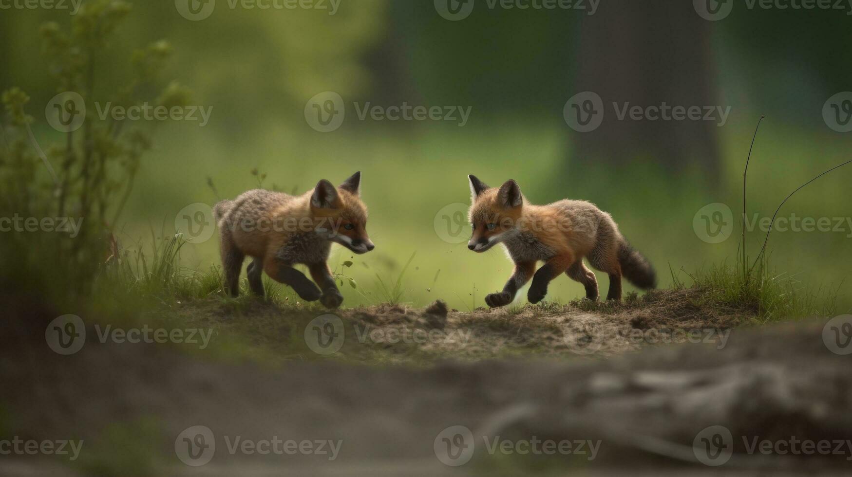 A playful chase between two fox cubs photo