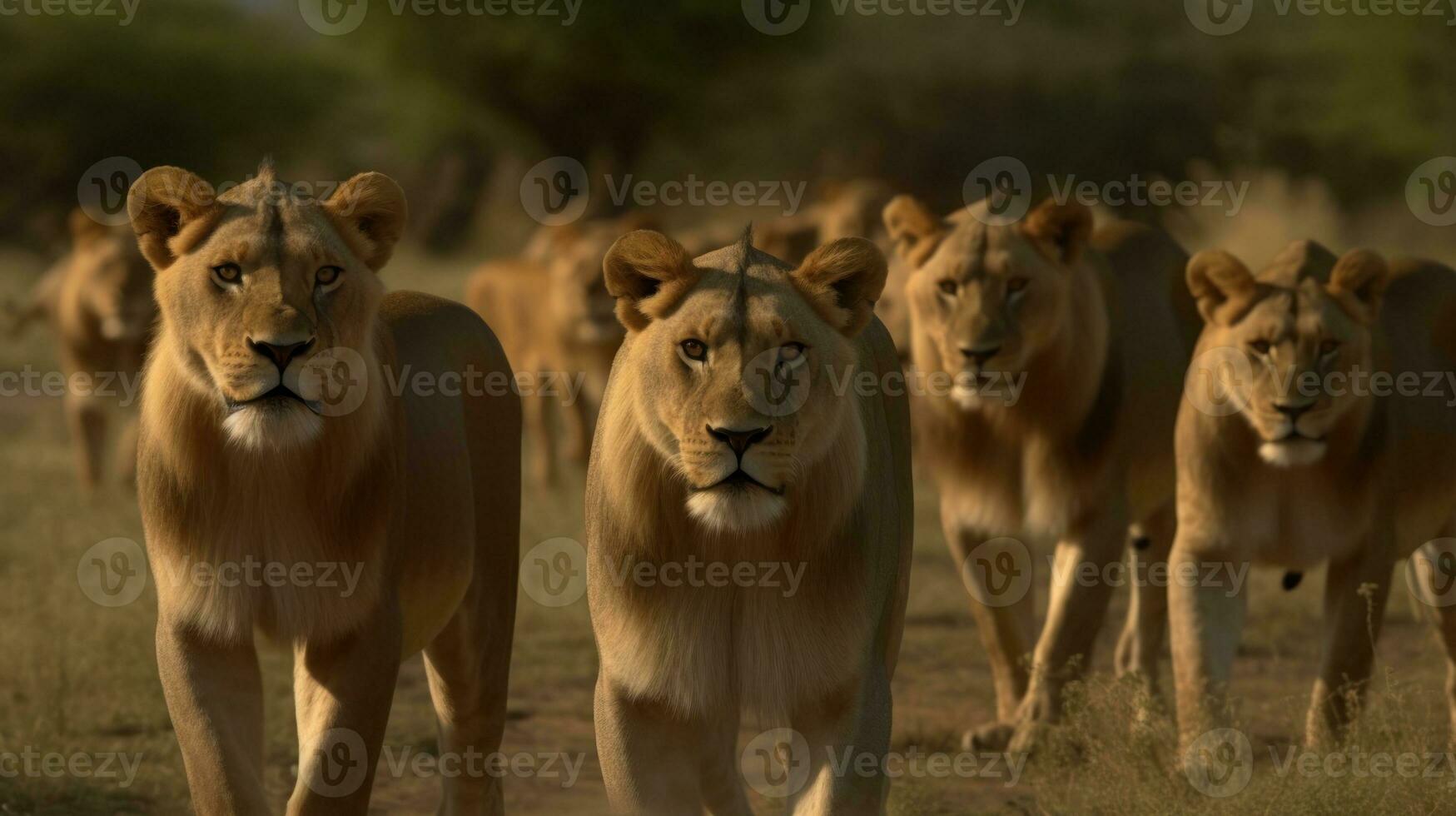 A pride of lions establishing its territory in the savanna photo