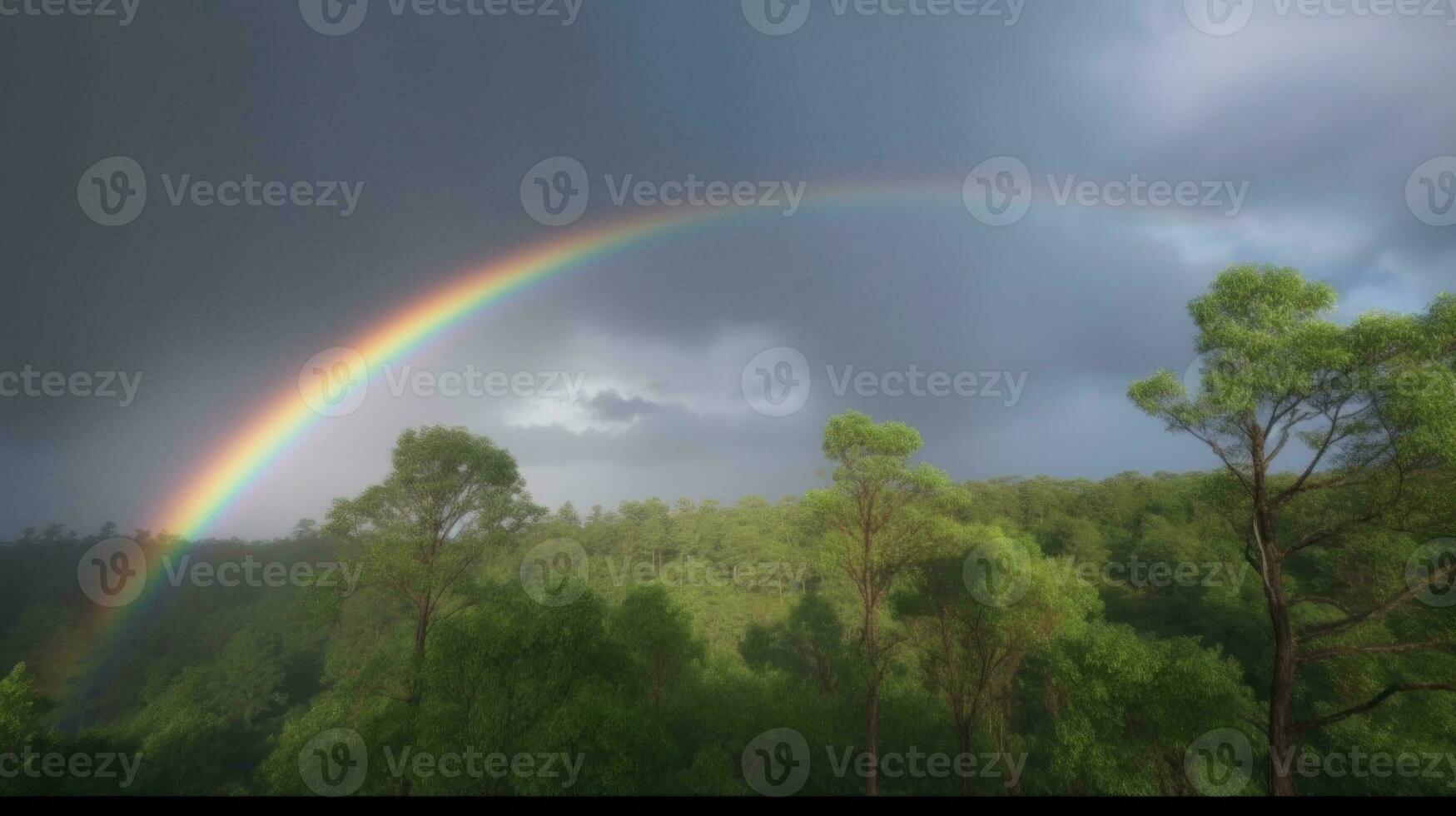 A rainbow arching across the forest sky after a quick rain photo