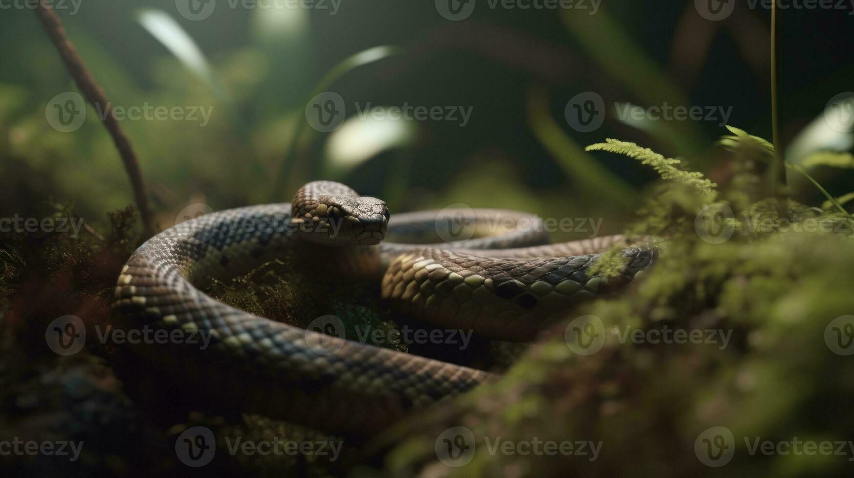 A snake slowly slithering through the undergrowth photo