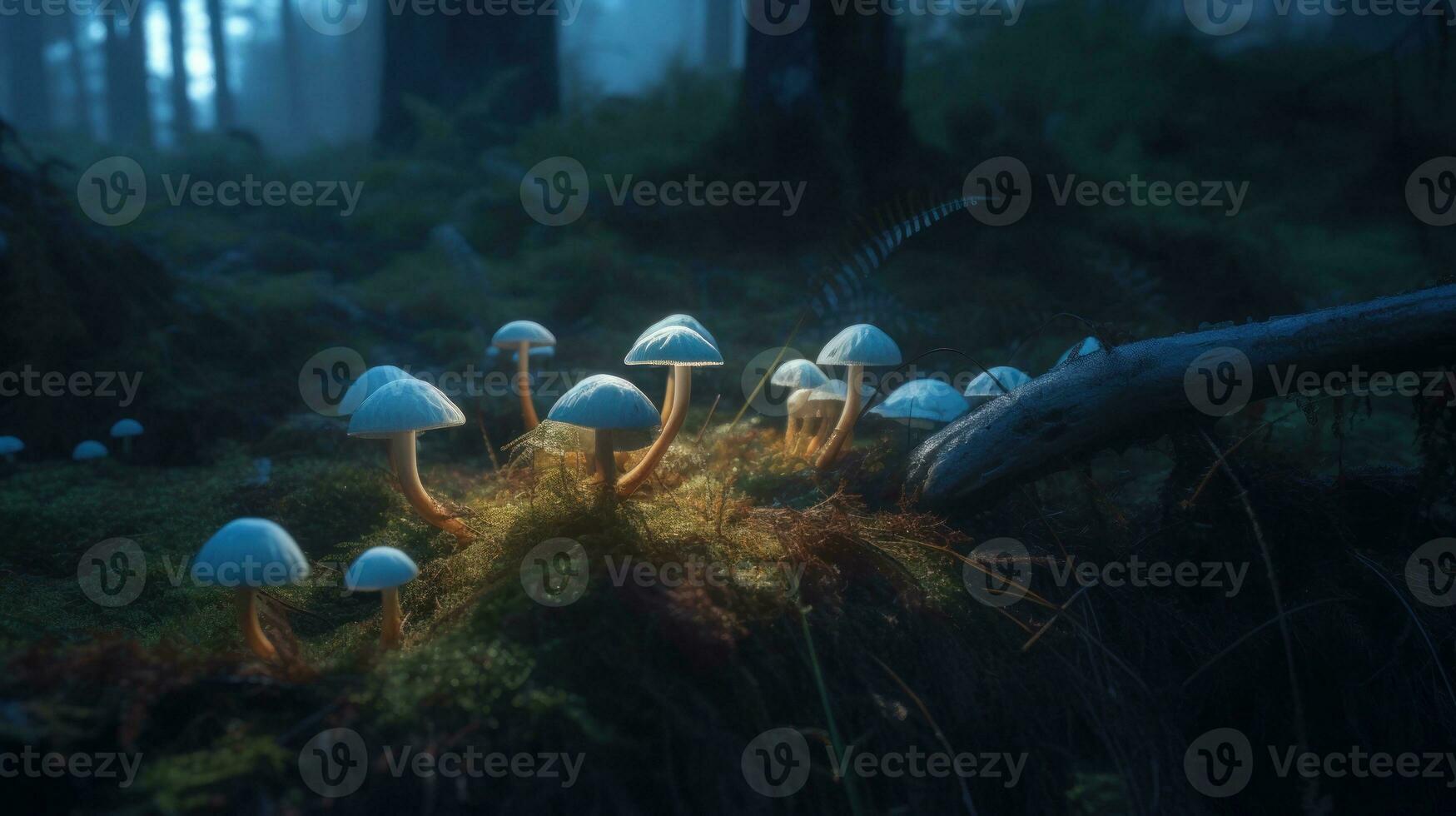 An array of bioluminescent mushrooms lighting up the forest floor photo