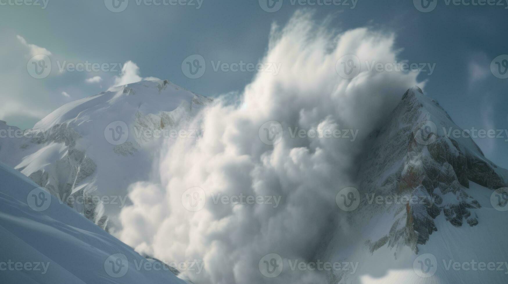 An avalanche on a snowy mountain peak photo