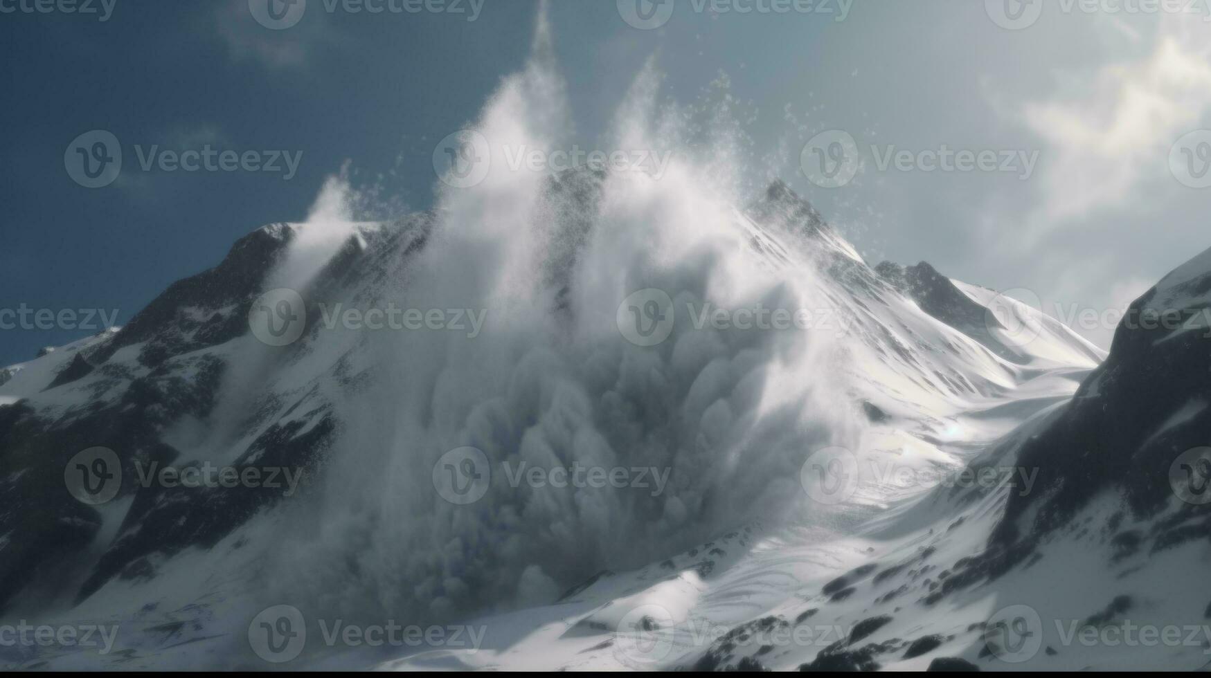 An avalanche on a snowy mountain peak photo