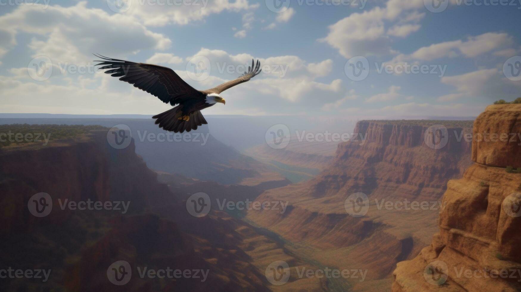 An eagle soaring high above a vast canyon photo