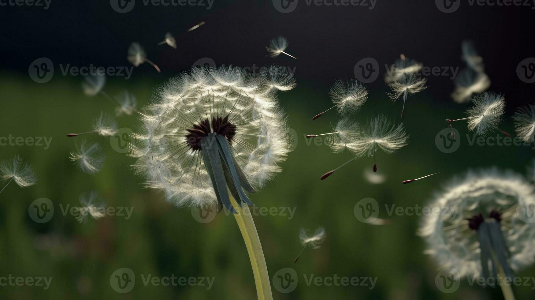 Dandelion seeds being carried away by the wind photo