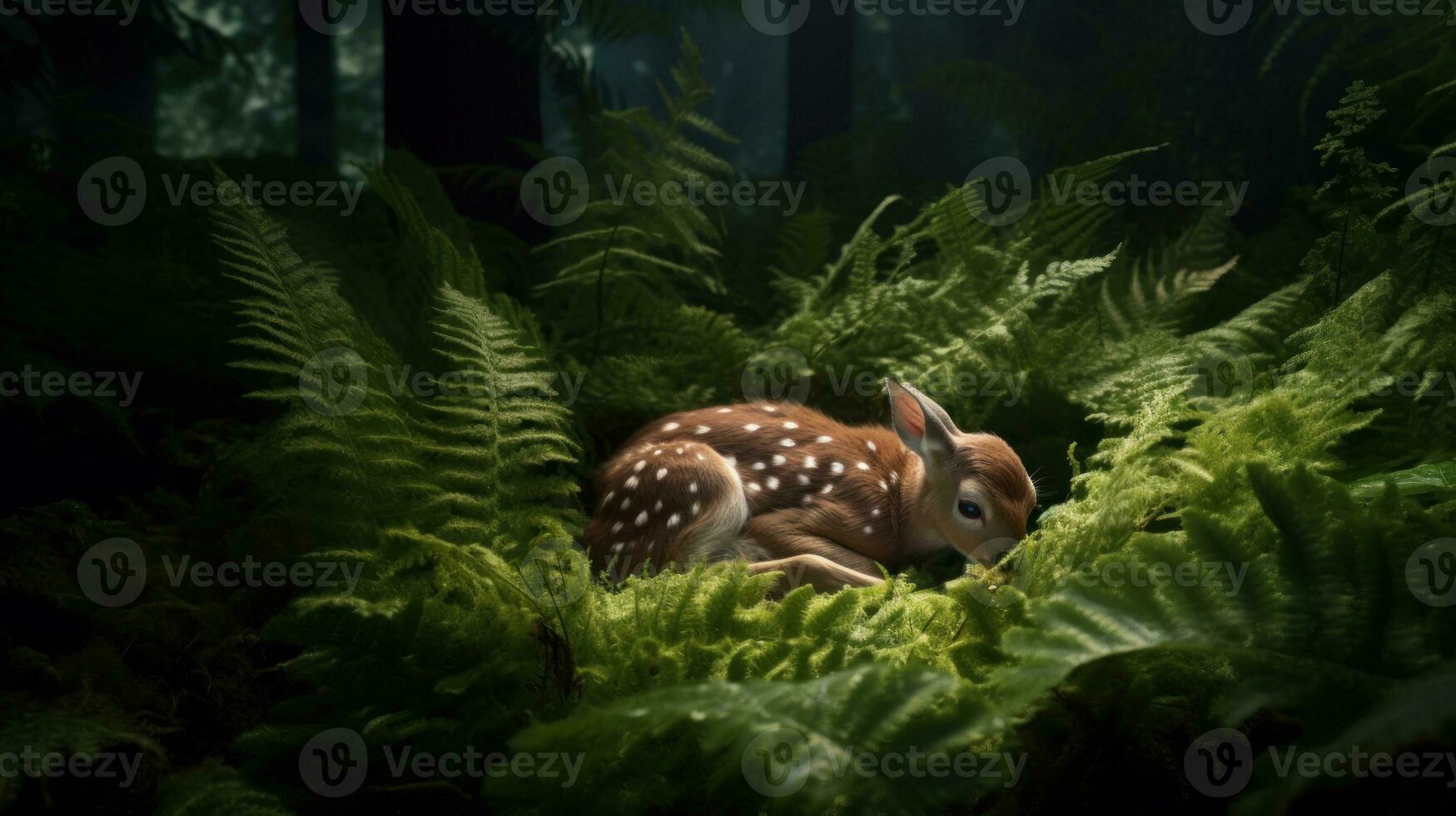 The birth of a fawn hidden in a bed of ferns photo