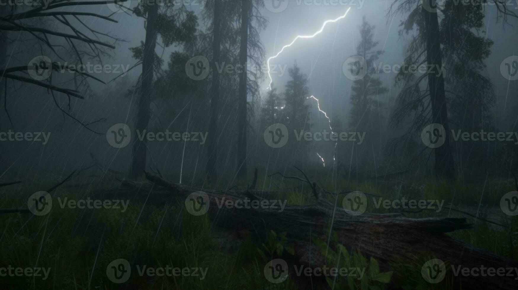 The flash of lightning illuminating a dark forest during a storm photo