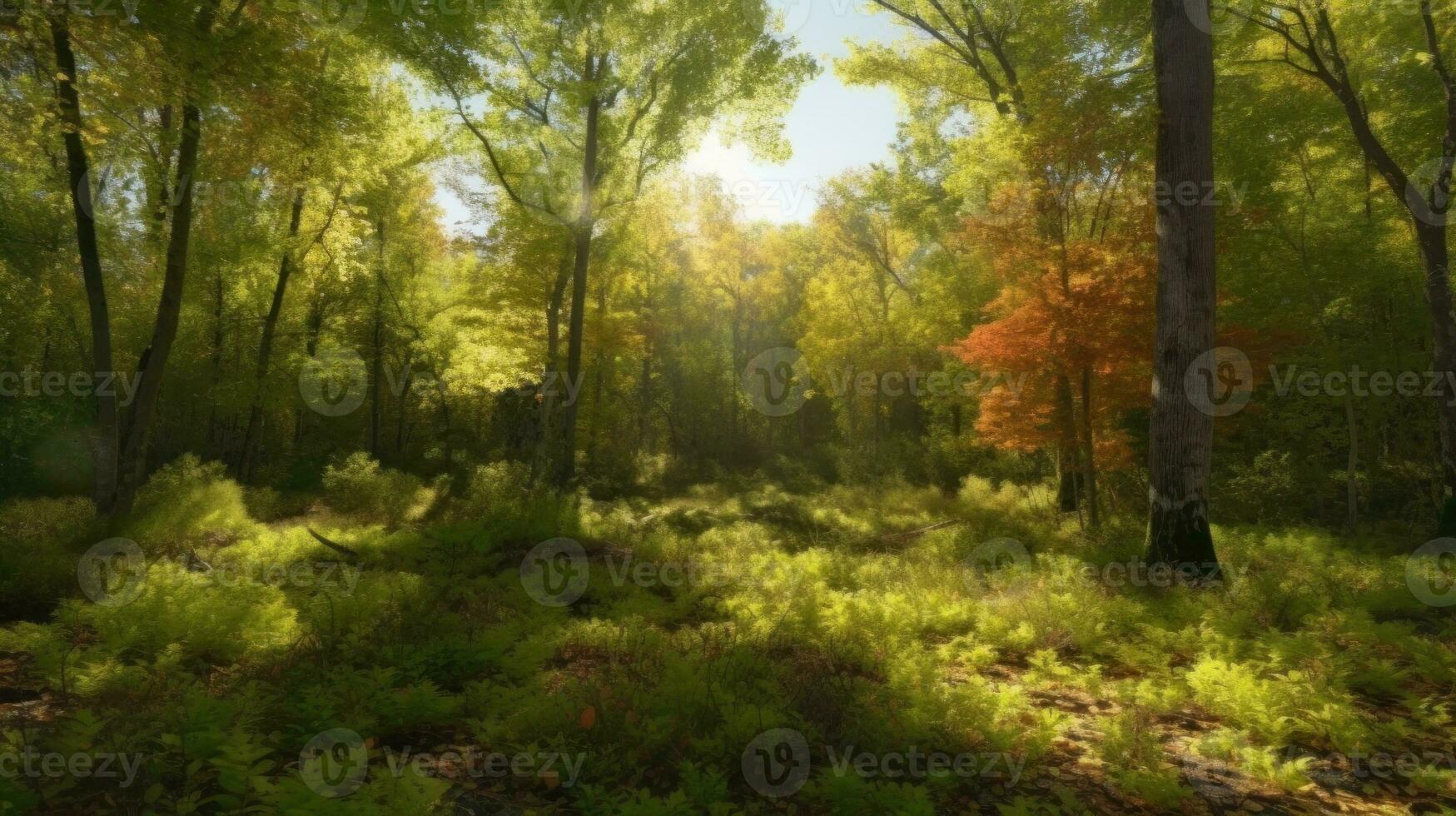 The transformation of a deciduous forest from summer to fall photo