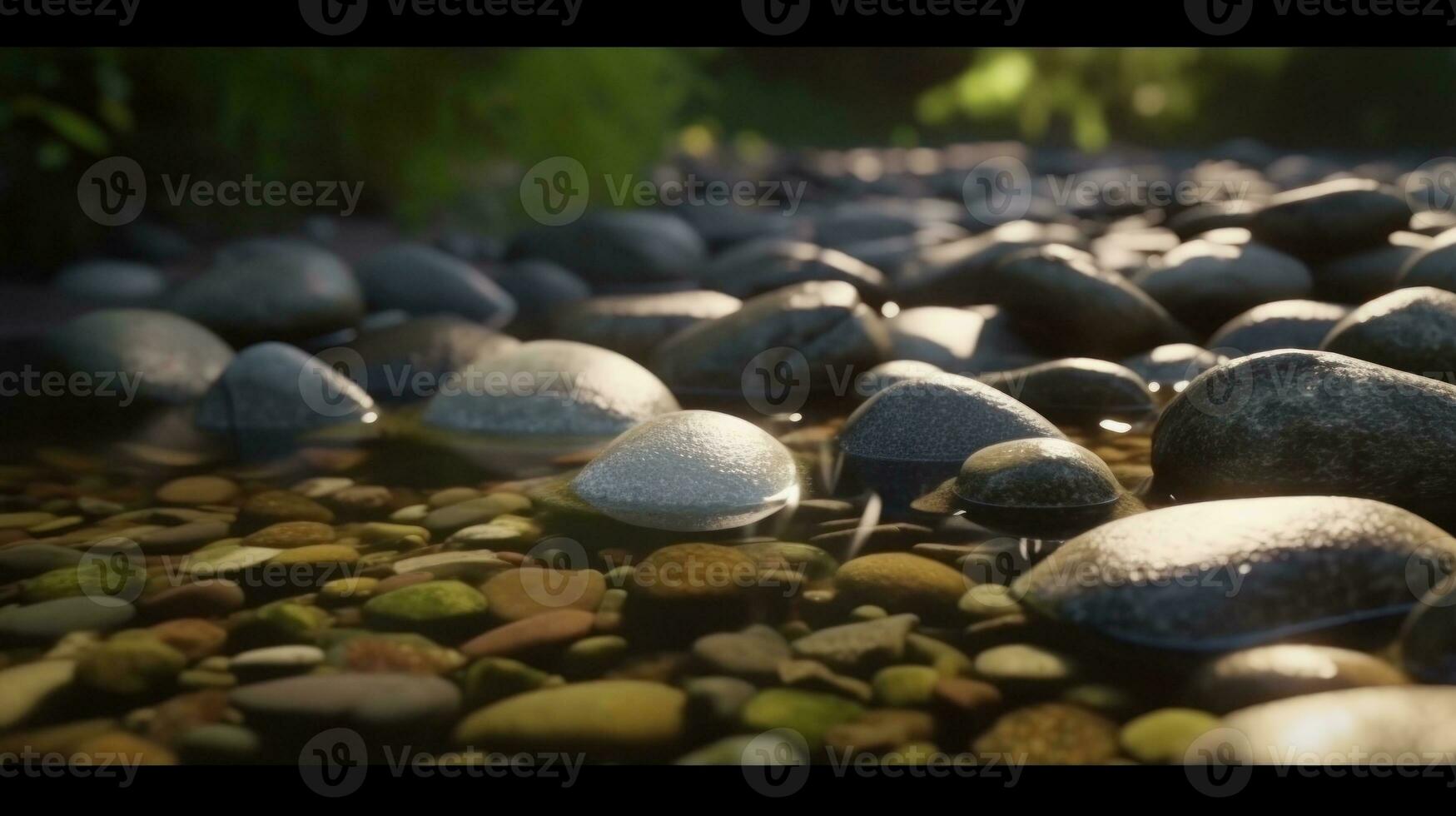 The tranquil sound of a forest stream flowing over pebbles photo