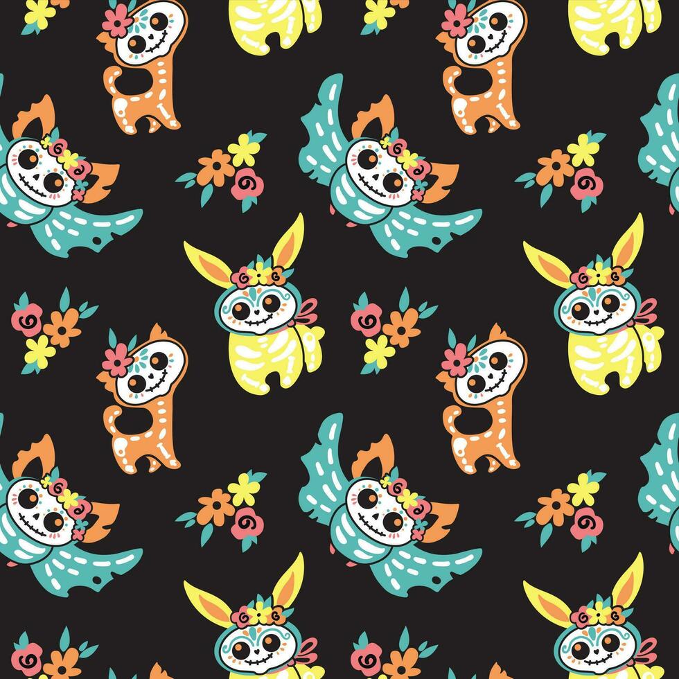 Cute skeletons of the cat and bat. Kids print. Day of the dead. Halloween. Seamless pattern. Vector