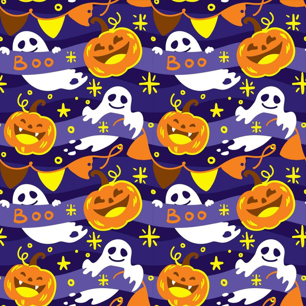 Halloween, pumpkin and ghost. Cute print for kids. Seamless pattern for fabric, wrapping, textile, wallpaper, clothes. Vector. vector