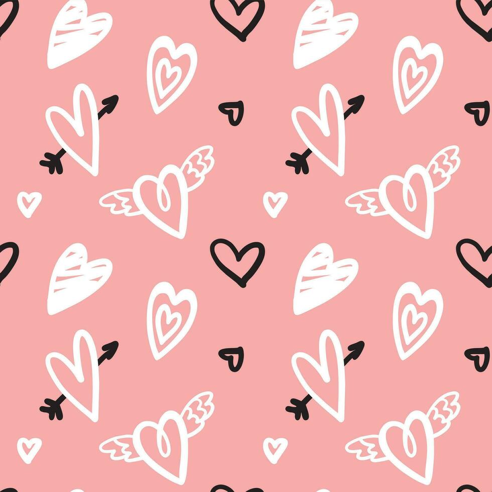 Hand drawing hearts on doodle style on pink background. San Valentines Day. Seamless pattern vector