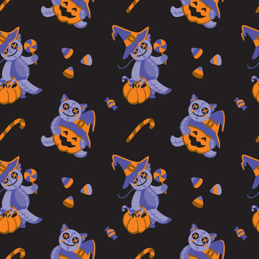 Halloween rag dolls. Pumpkins, candies, spider web and others halloween attribution. Childish print. Seamless pattern vector