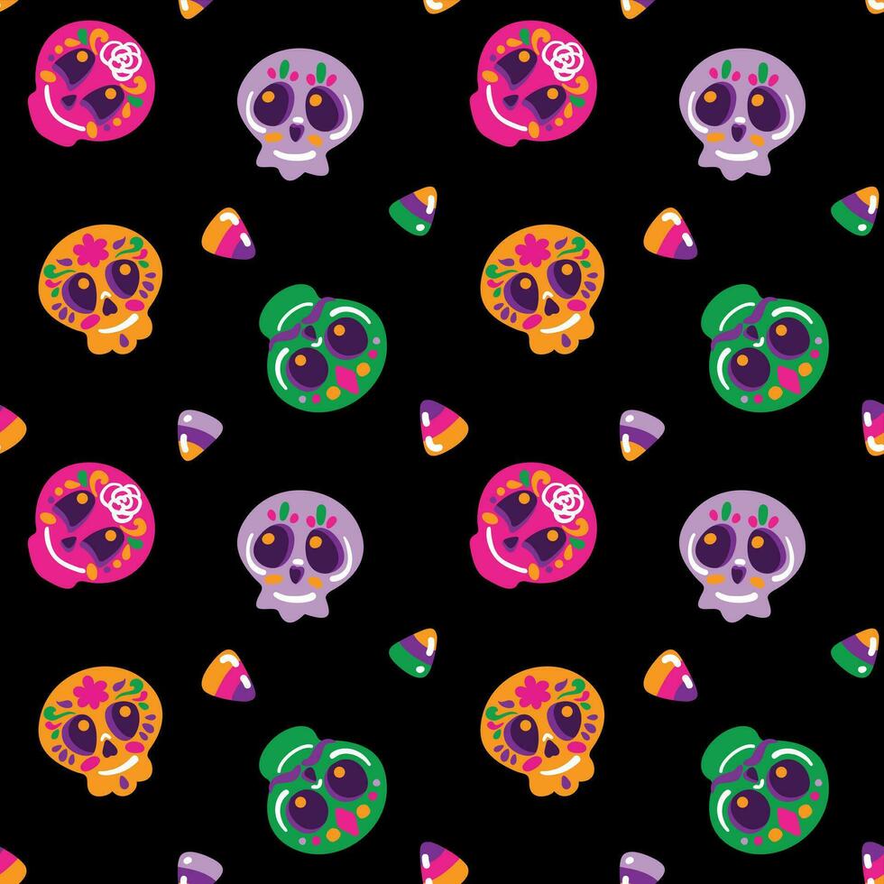 Cute skulls on different colors. Happy halloween. Day of the Dead in Mexico. Seamless pattern. Vector