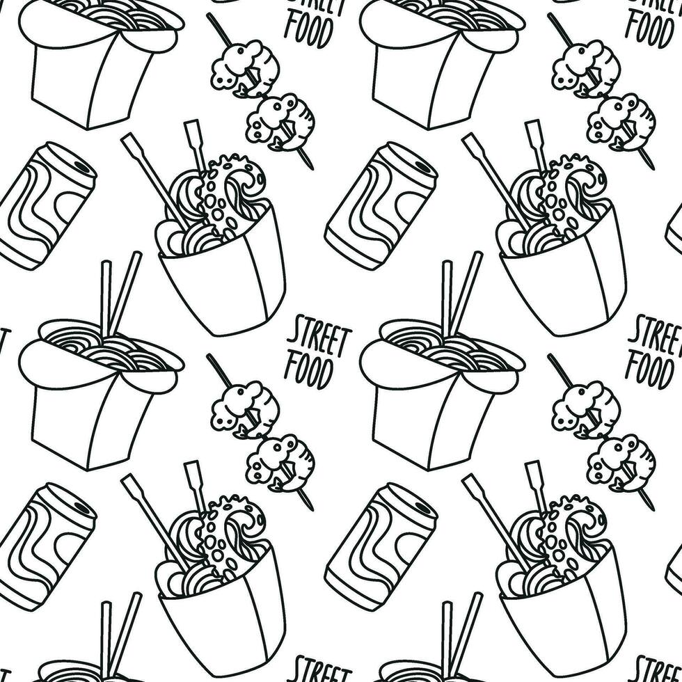 Asian street food. Ramen, noodles and other dishes. Monochrome design. Seamless pattern. Vector. vector