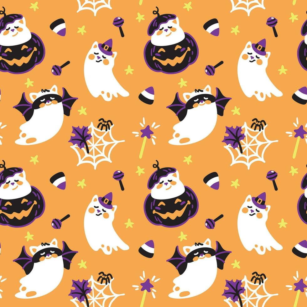 Cat on halloween costume. Kids pattern for halloween. Seamless pattern for fabric, wrapping, textile, wallpaper, clothes. Vector. vector