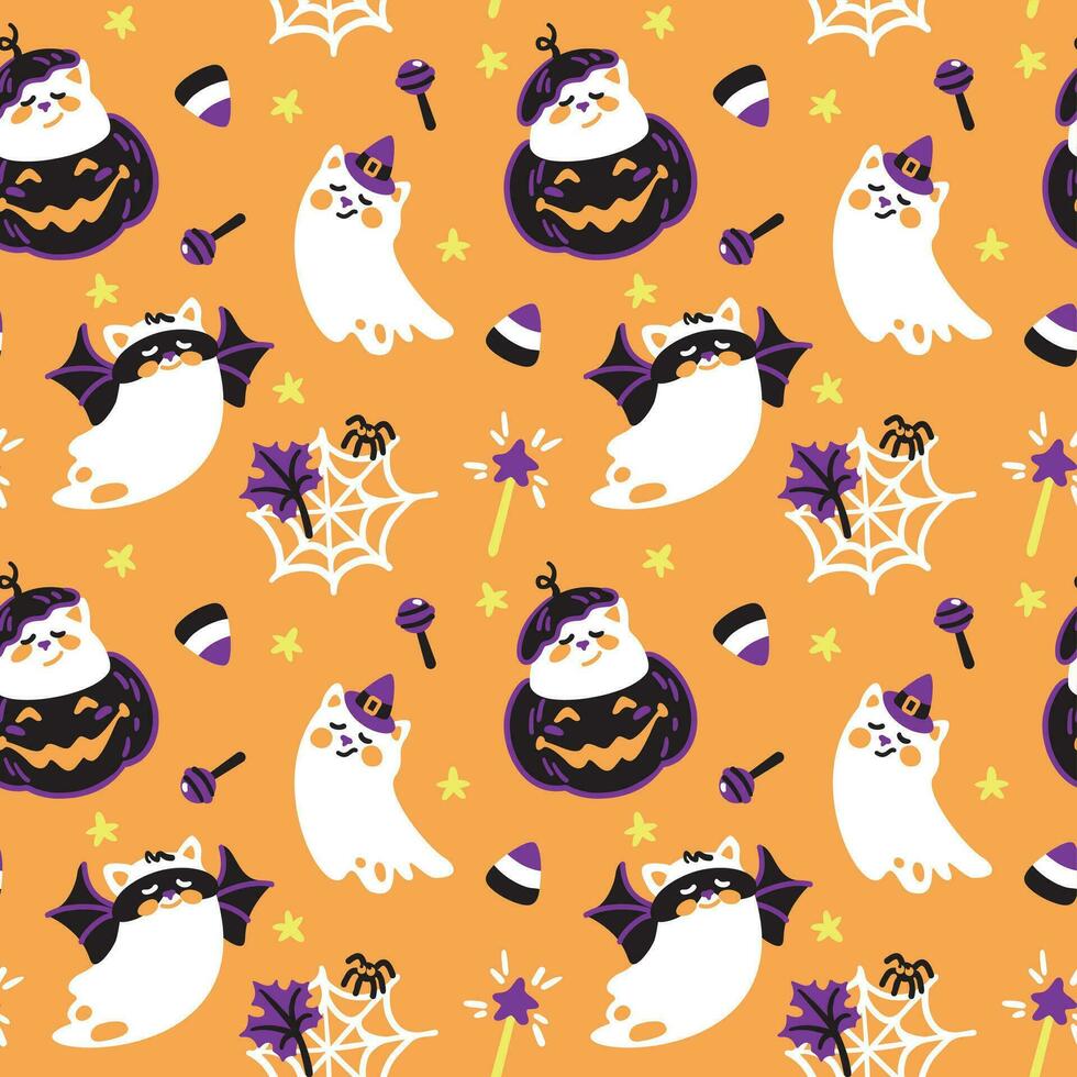 Cat on halloween costume. Kids pattern for halloween. Seamless pattern for fabric, wrapping, textile, wallpaper, clothes. Vector. vector