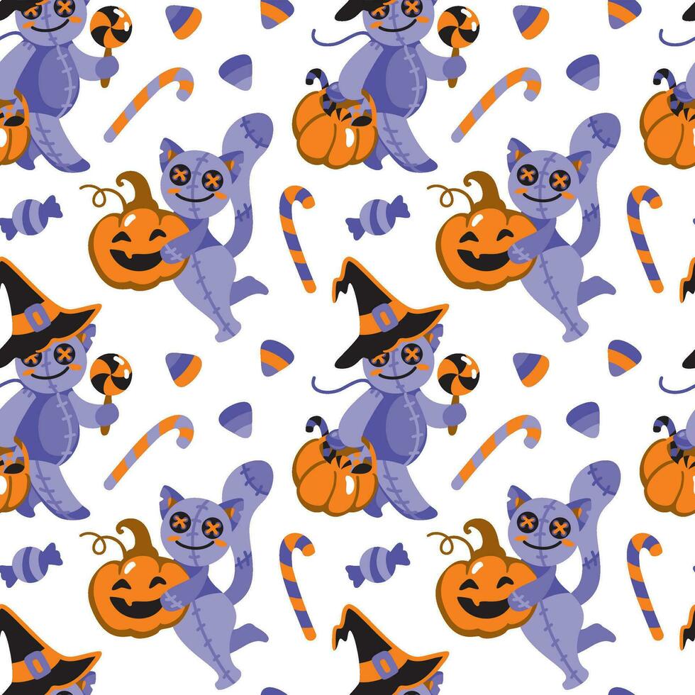 Halloween rag doll. Pumpkins, candies and others halloween attribution. Childish print. Seamless pattern vector