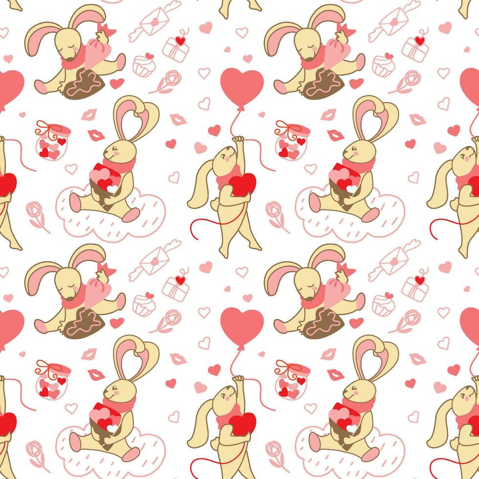San Valentine's day. Bunny in love. Seamless pattern for fabric, wrapping, textile, wallpaper, apparel. Vector