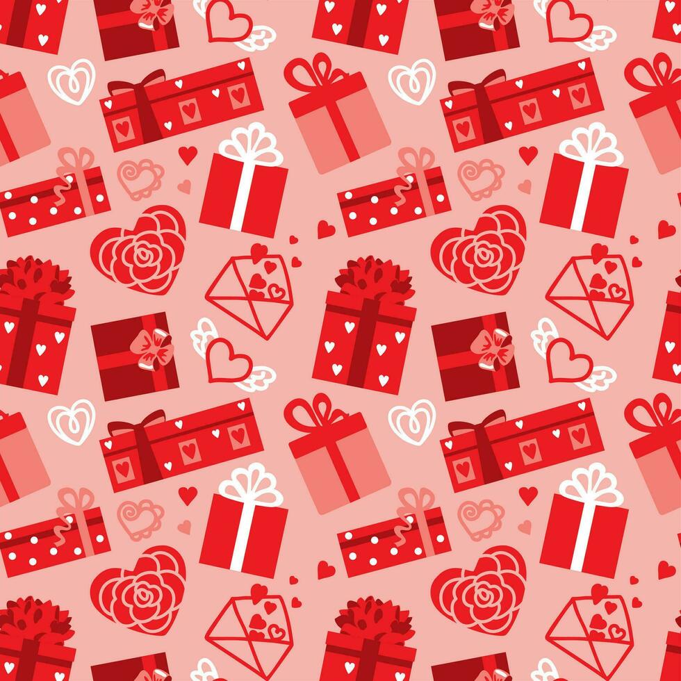 Hearts and gifts. San Valentine's Day. Wedding. Love. Celebration. Seamless pattern for fabric, wrapping, textile, wallpaper, apparel. Vector