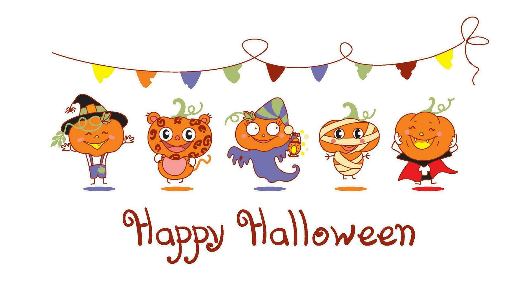 Funny pumpkins in costumes of mummies, vampires, ghost. Happy Halloween. Set of characters vector